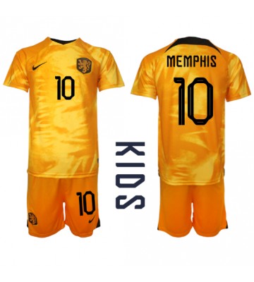 Holland Memphis Depay #10 Hjemmebanesæt Børn VM 2022 Kort ærmer (+ korte bukser)